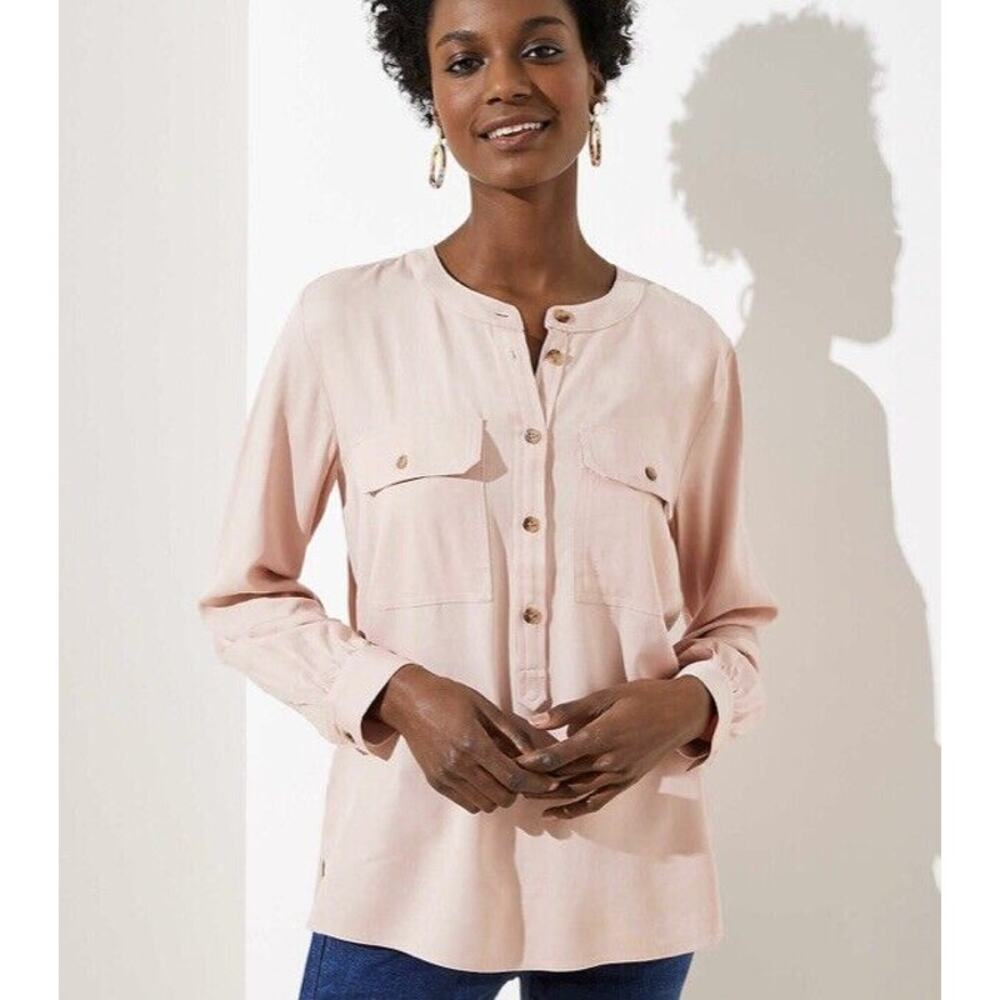 LOFT Pocket Henley Utility Blouse in Dim Rose Size XS Pink Long Sleeve Top
